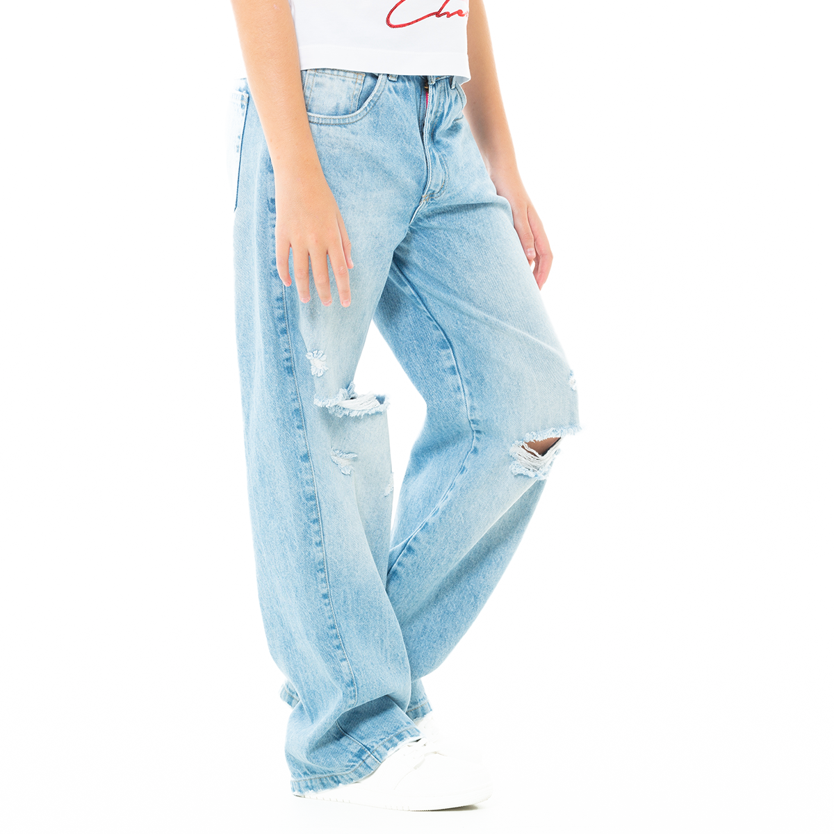 Jean para niñas bota recta con desgastes - Azul claro