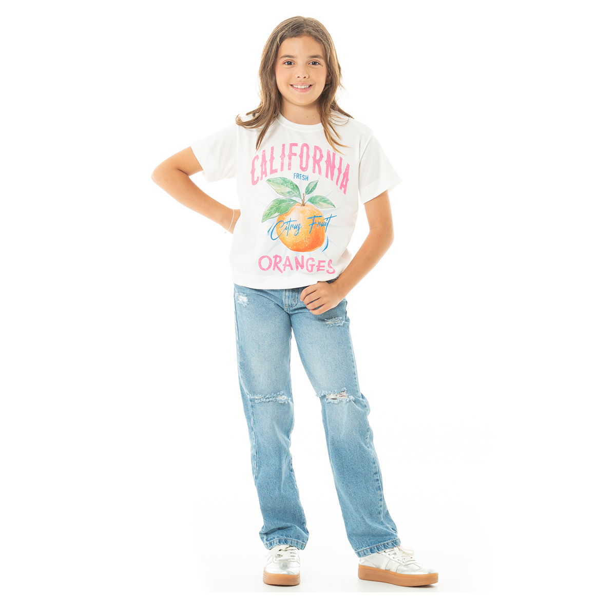 Jean para niñas bota recta con desgastes - Azul