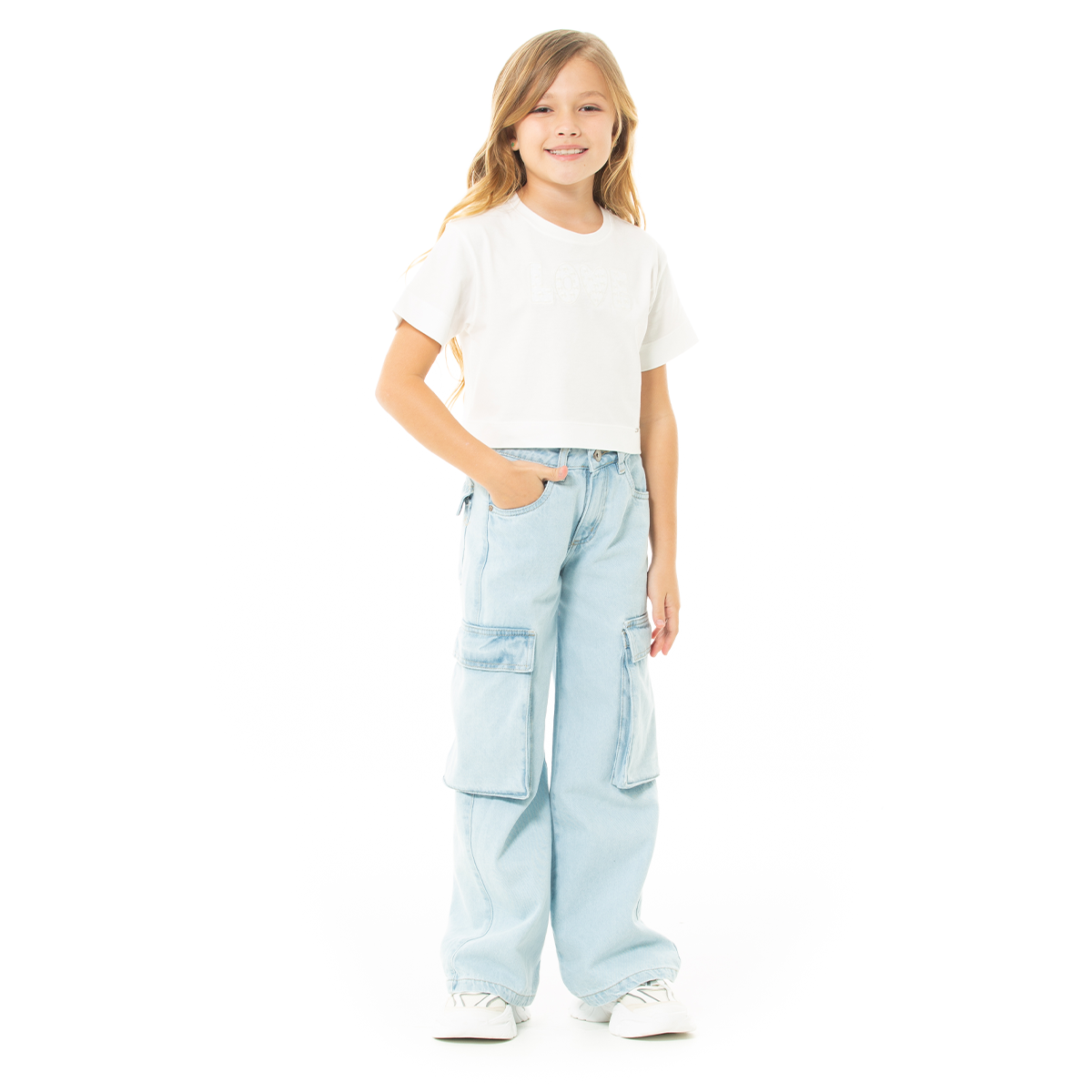 Jean cargo para niñas bota recta – Azul claro