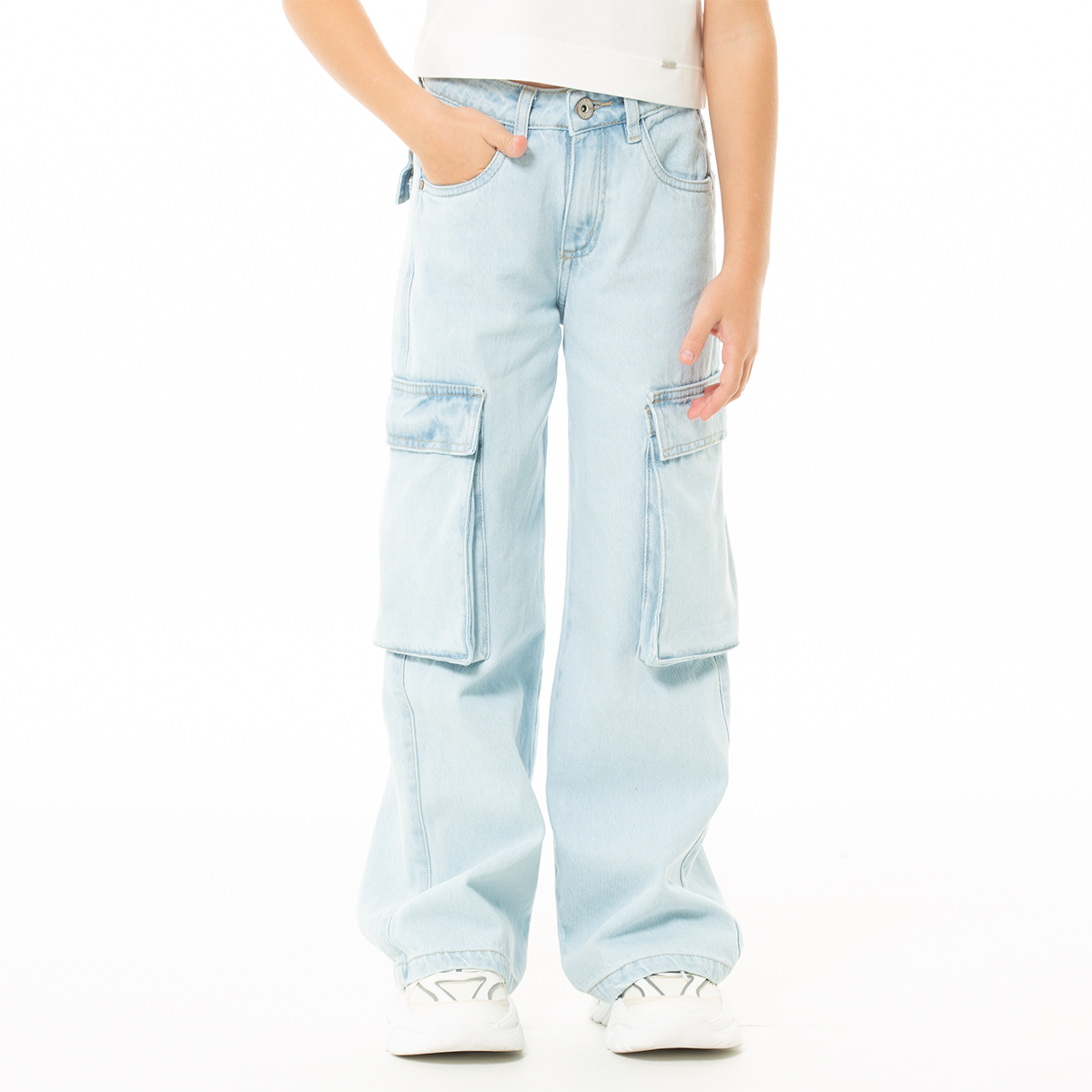 Jean cargo para niñas bota recta – Azul claro