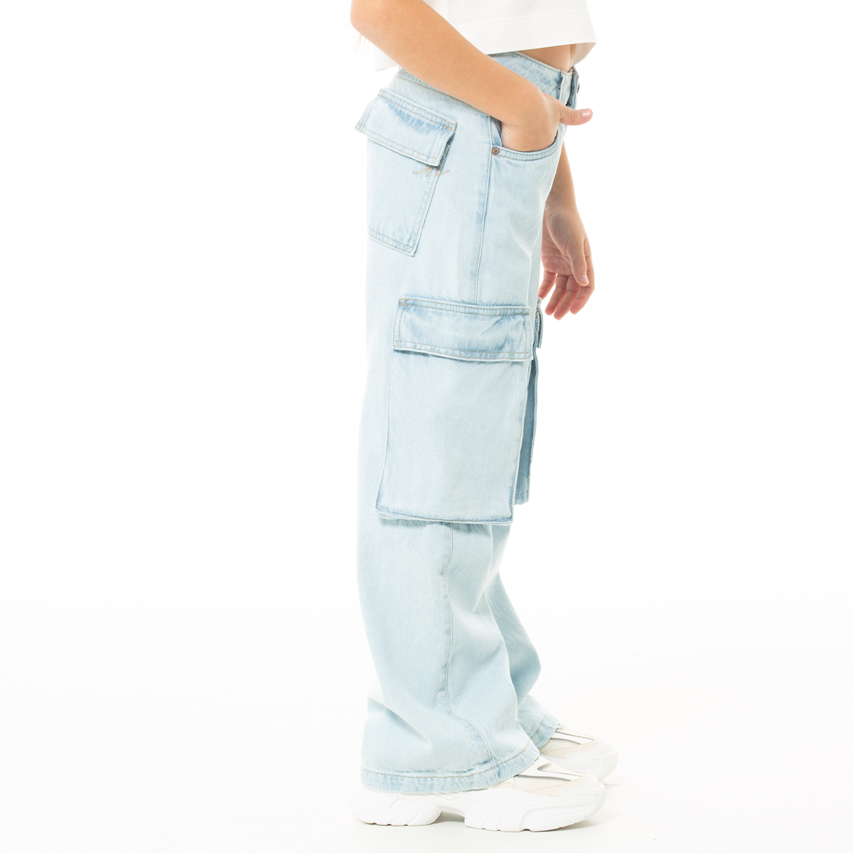 Jean cargo para niñas bota recta – Azul claro