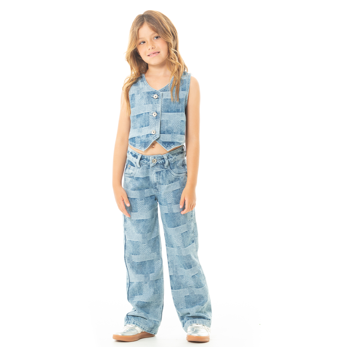 Jean para niñas bota recta de diseño indigo patchwork - Azul