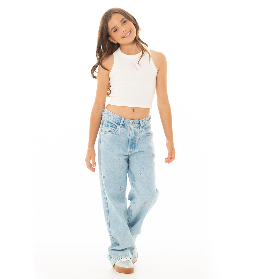 JEAN PARA NIÑAS CON MOÑOS BORDADOS BOTA RECTA