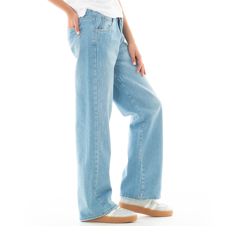 JEAN PARA NIÑAS BOTA RECTA CON DETALLES EN PEDRERIA