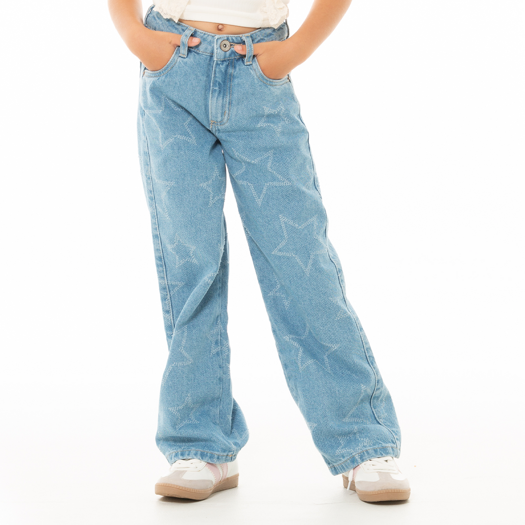 JEAN PARA NIÑAS BOTA RECTA CON ESTRELLAS EFECTO LASER