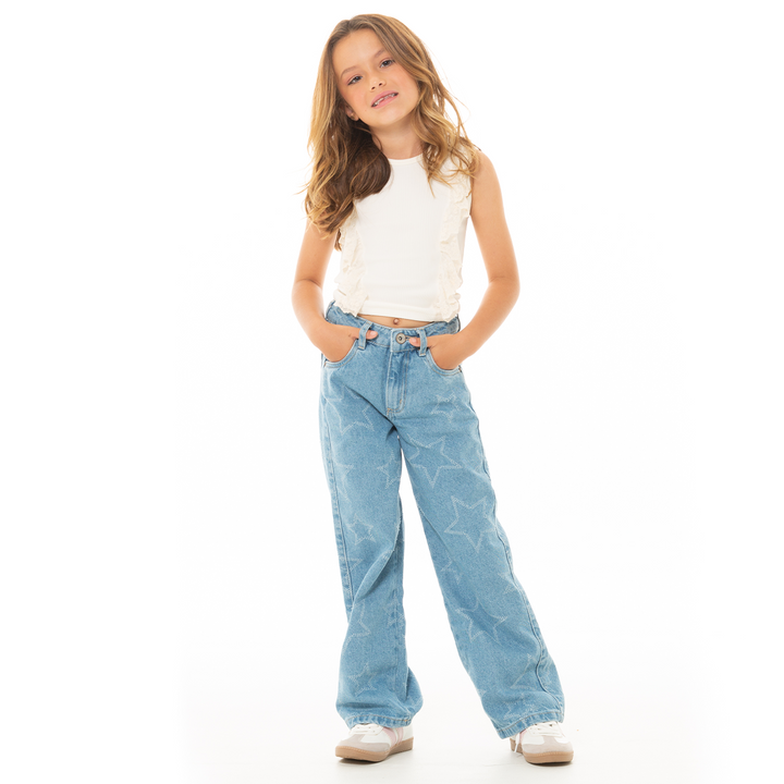 JEAN PARA NIÑAS BOTA RECTA CON ESTRELLAS EFECTO LASER