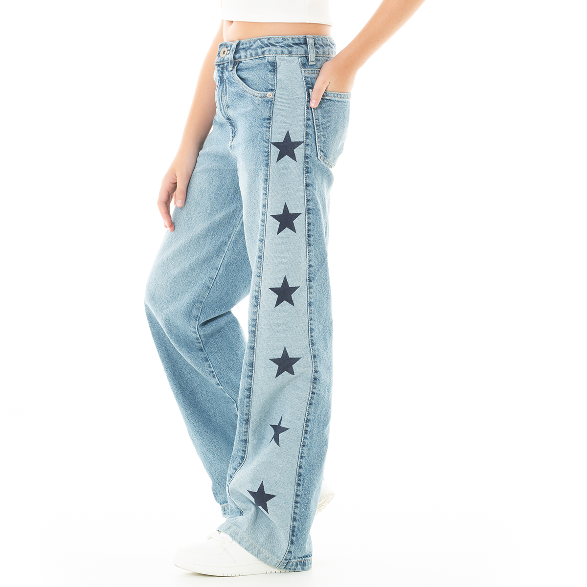Jean para niñas bota recta con diseño estampado de estrellas - Azul
