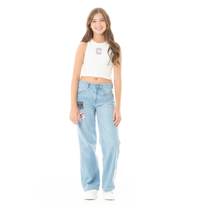 JEAN PARA NIÑAS CON PARCHES BOTA RECTA
