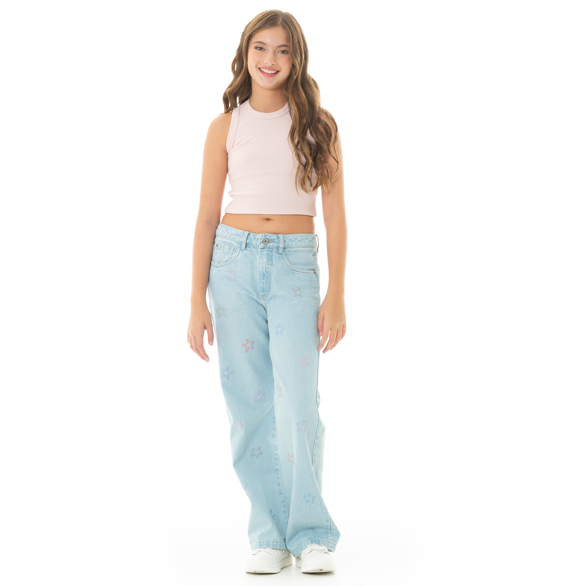 JEAN PARA NIÑAS BOTA RECTA CON DISEÑOS BORDADOS DE ESTRELLAS
