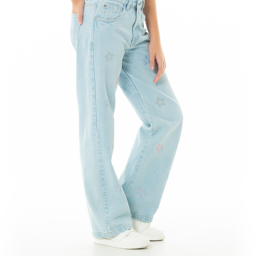 JEAN PARA NIÑAS BOTA RECTA CON DISEÑOS BORDADOS DE ESTRELLAS