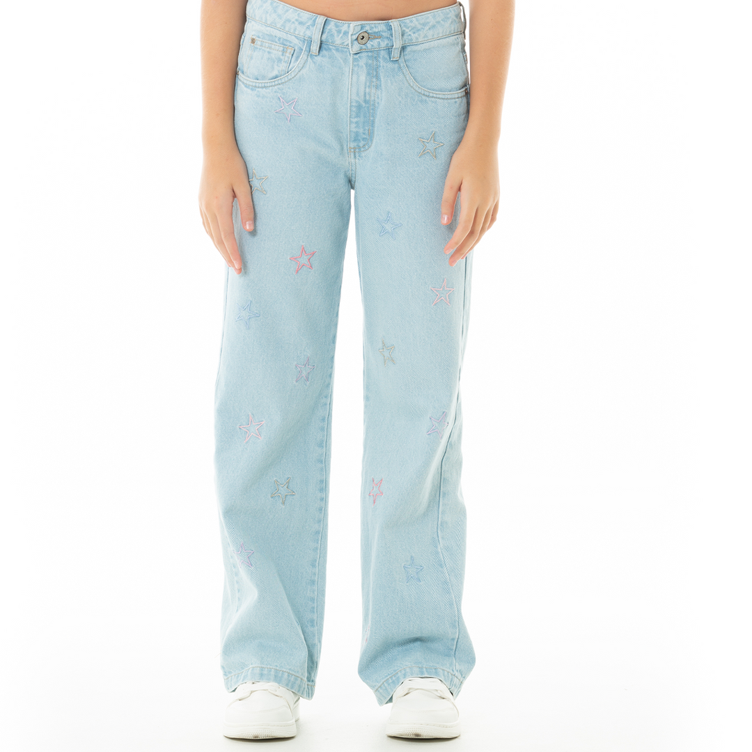 JEAN PARA NIÑAS BOTA RECTA CON DISEÑOS BORDADOS DE ESTRELLAS