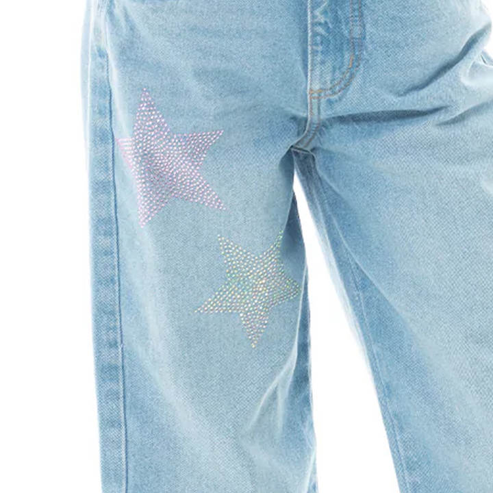 JEAN PARA NIÑAS BOTA RECTA CON DISEÑOS DE ESTRELLAS EN PIEDRERIA