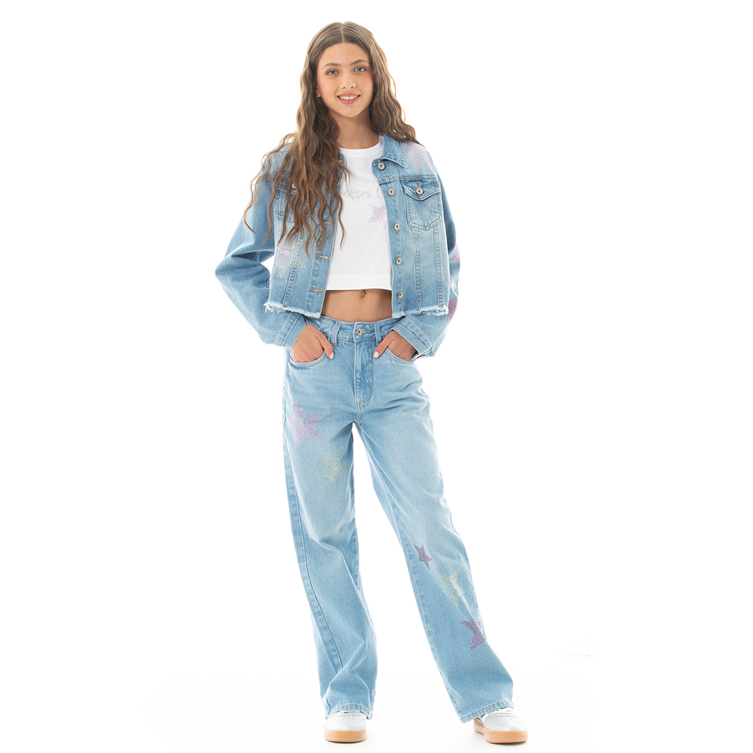 JEAN PARA NIÑAS BOTA RECTA CON DISEÑOS DE ESTRELLAS EN PIEDRERIA