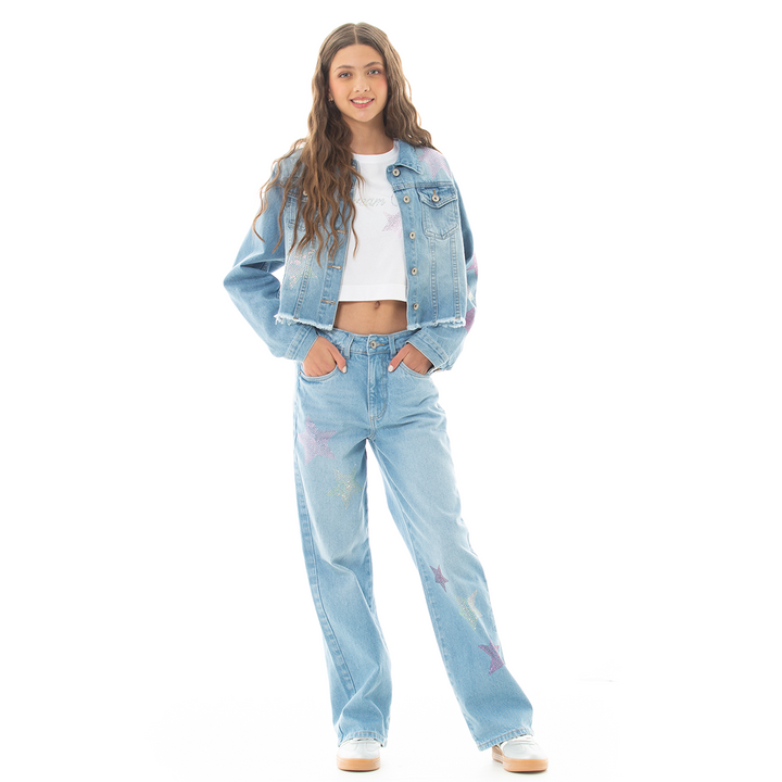 JEAN PARA NIÑAS BOTA RECTA CON DISEÑOS DE ESTRELLAS EN PIEDRERIA