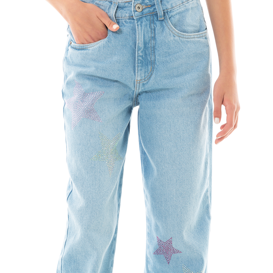 JEAN PARA NIÑAS BOTA RECTA CON DISEÑOS DE ESTRELLAS EN PIEDRERIA