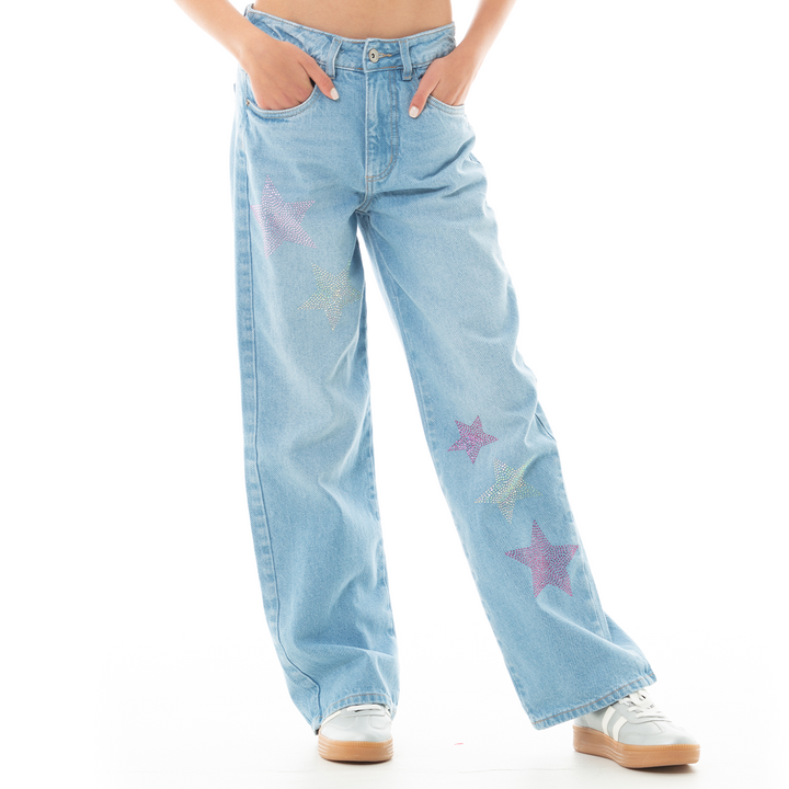 JEAN PARA NIÑAS BOTA RECTA CON DISEÑOS DE ESTRELLAS EN PIEDRERIA