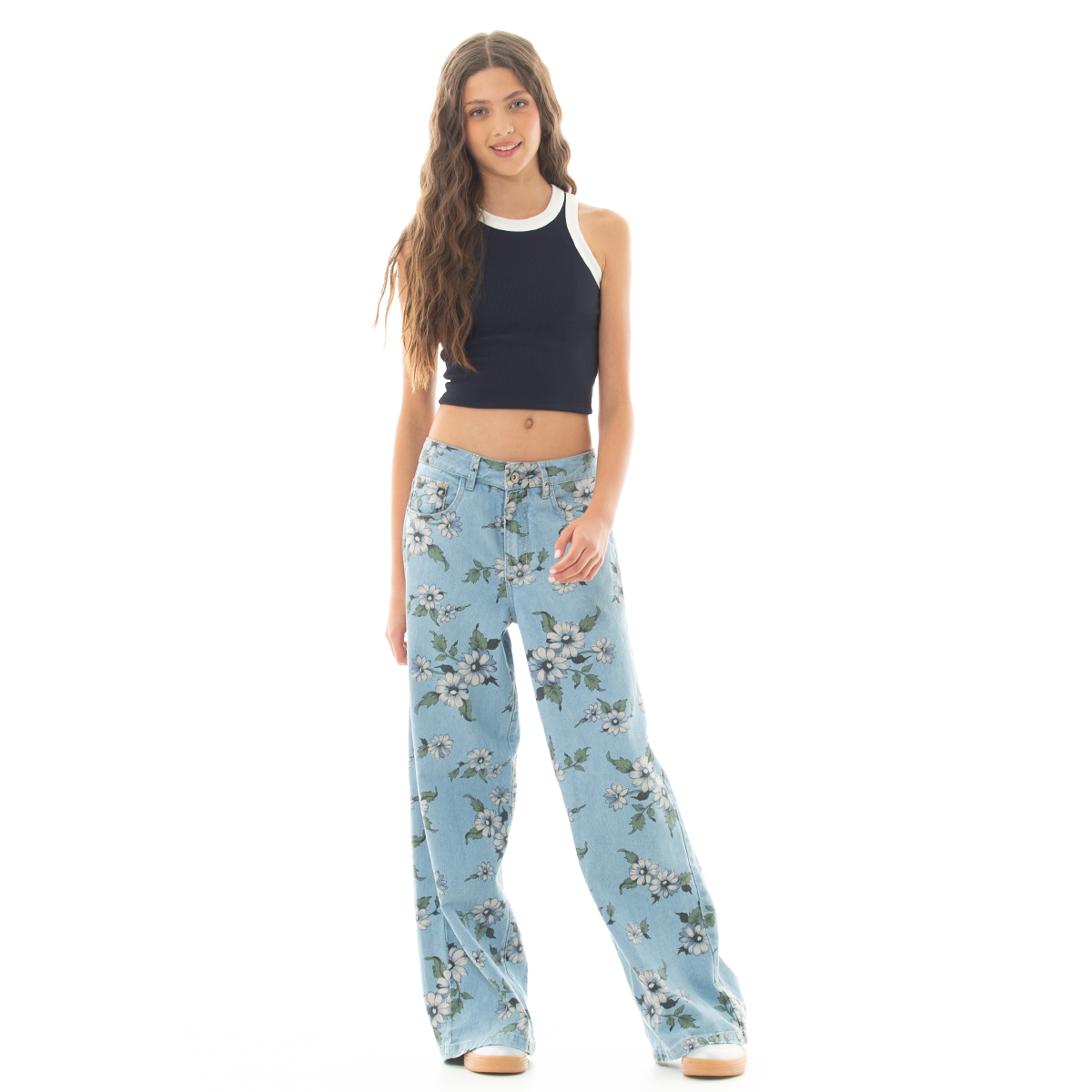 JEAN PARA NIÑAS BOTA RECTA CON ESTAMPADO DE FLORES