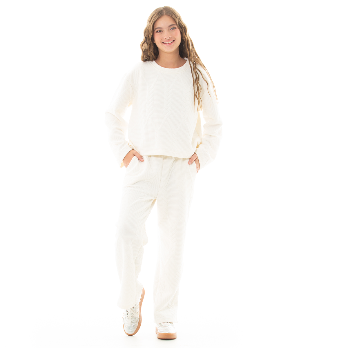 SUDADERA PARA NIÑAS CON DISEÑO TEJIDO TRENZADO - COLOR MARFIL