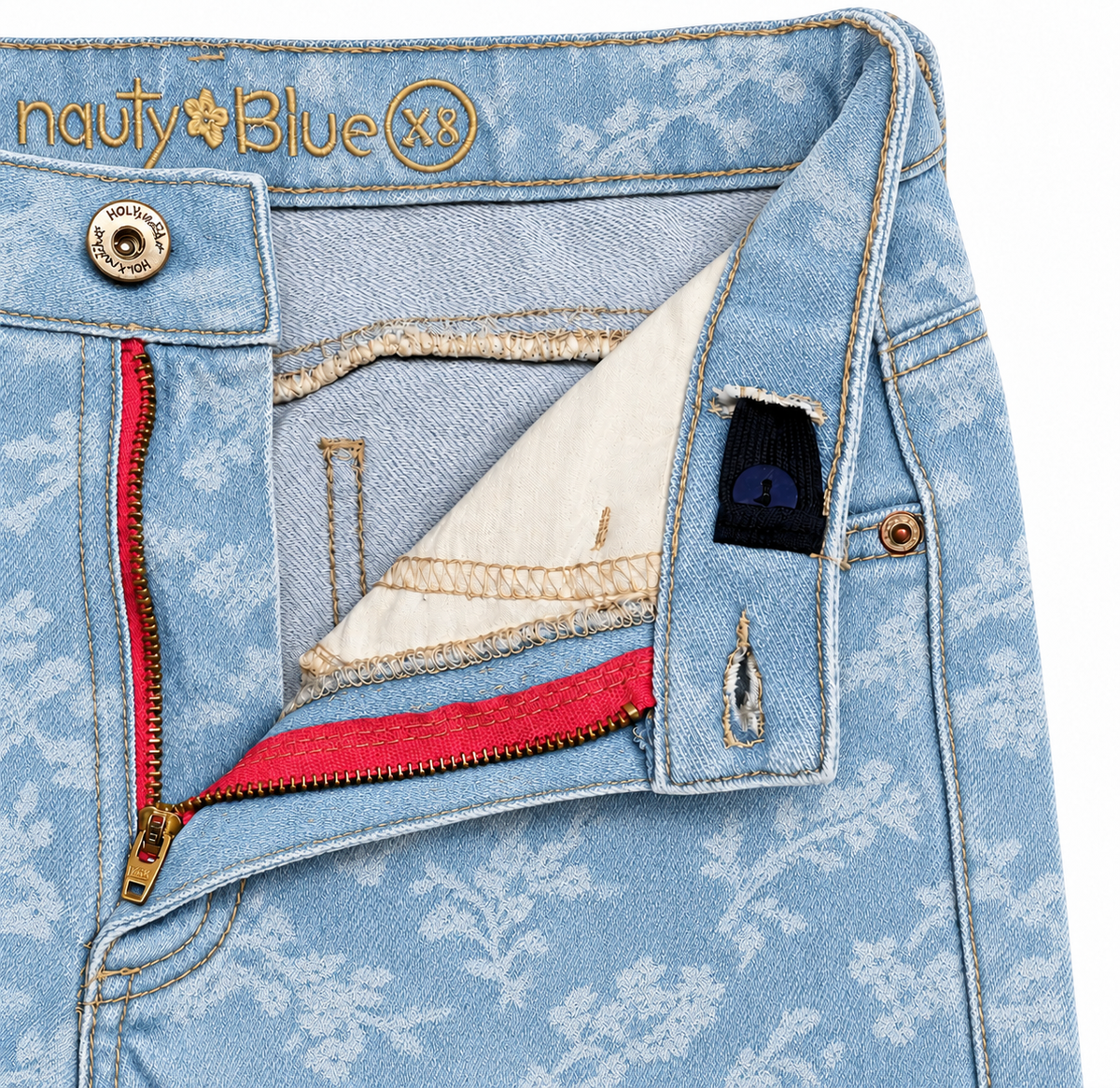 Jean para niñas wide leg en denim claro jacquard floral