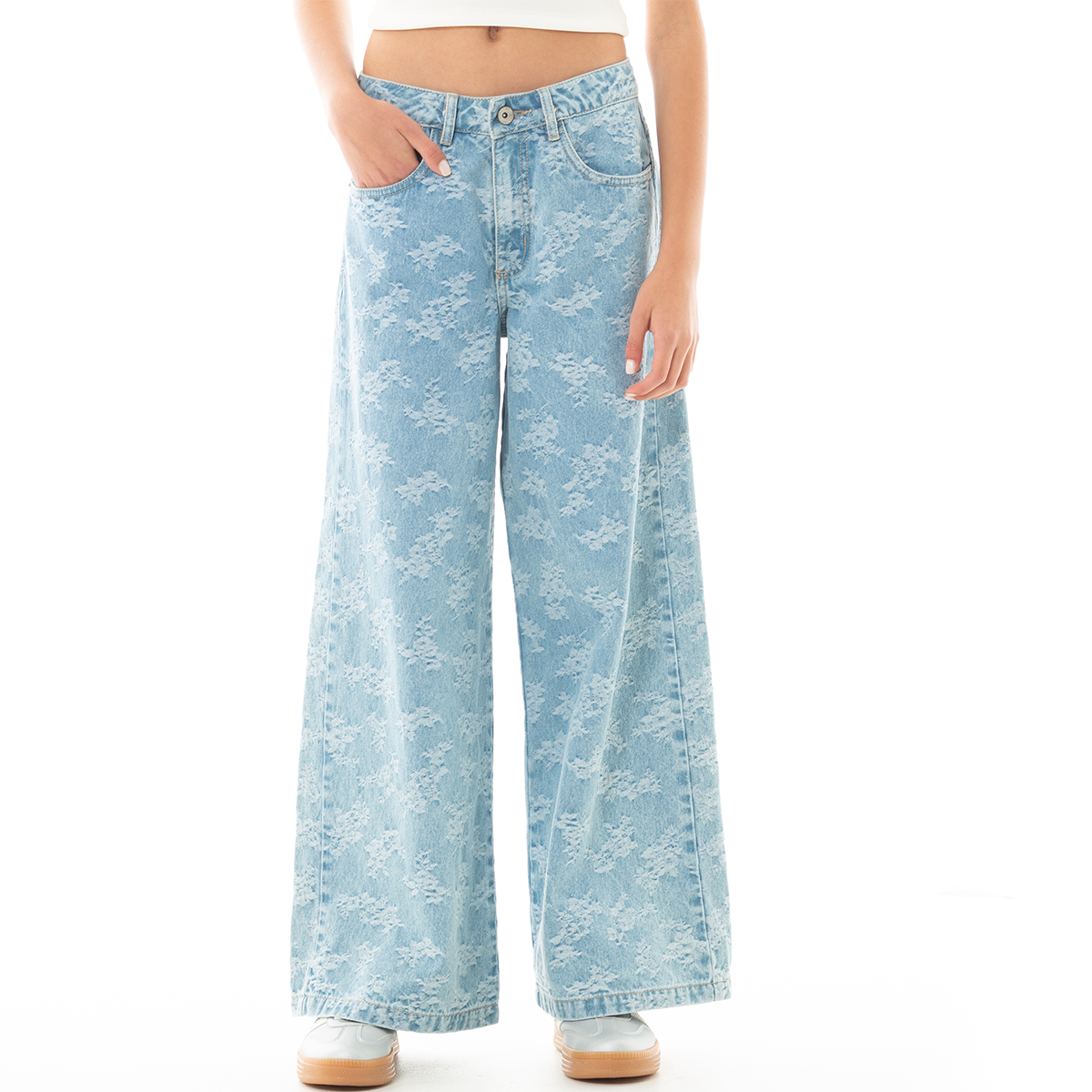Jean para niñas wide leg en denim claro jacquard floral