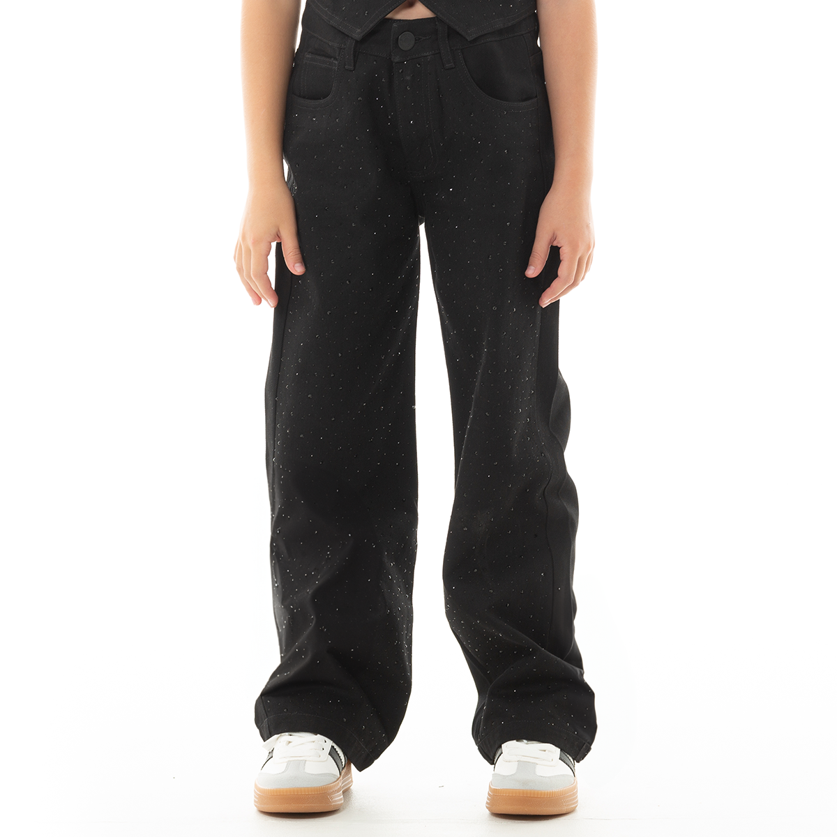 Jean para niñas bota recta con diseño en piedreria - Negro