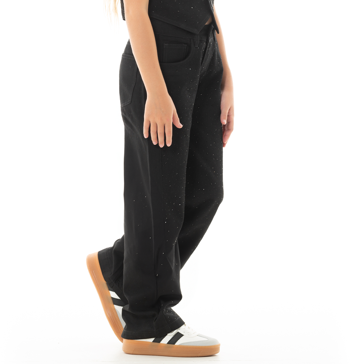 Jean para niñas bota recta con diseño en piedreria - Negro