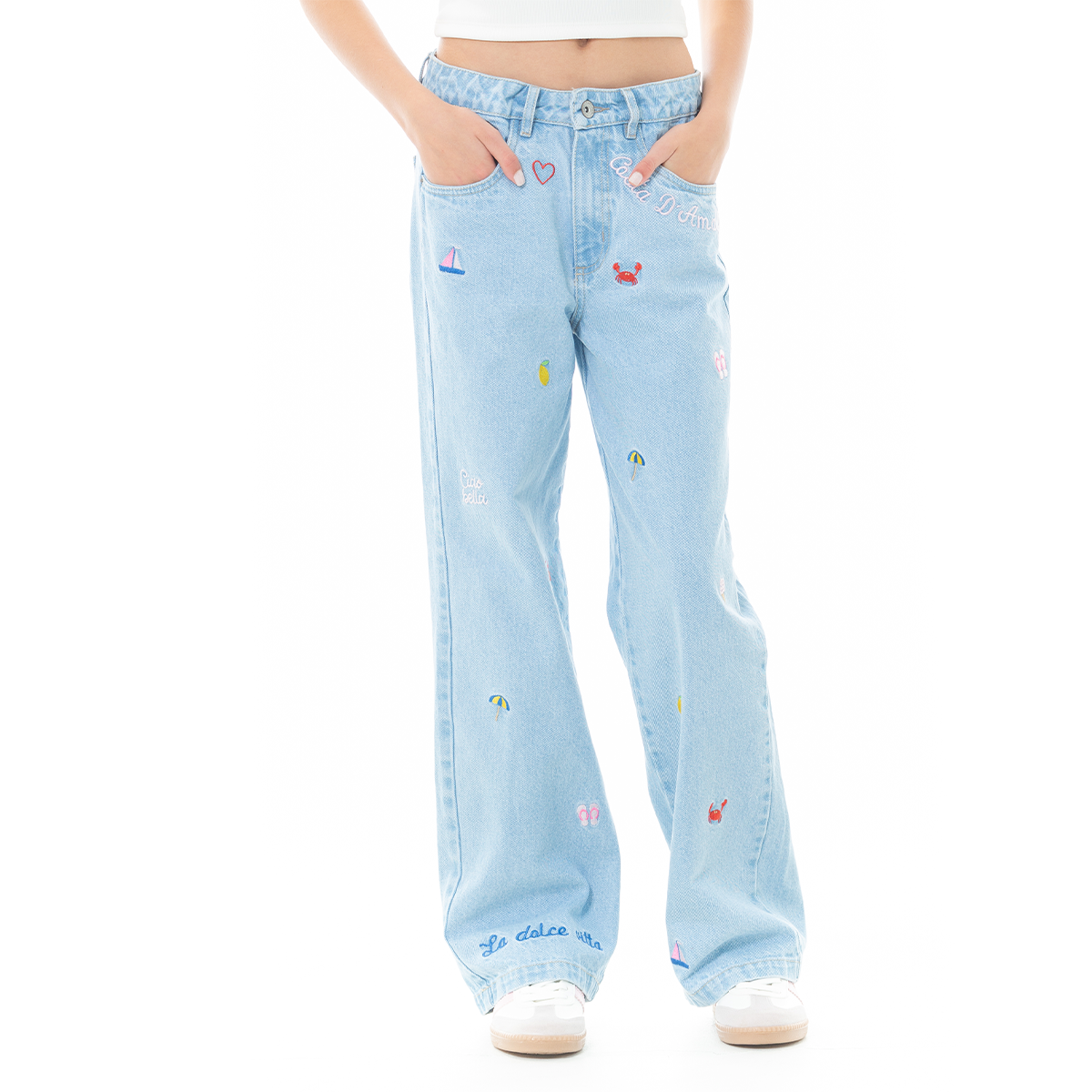 Jean para niñas bota recta con diseños bordados - Azul