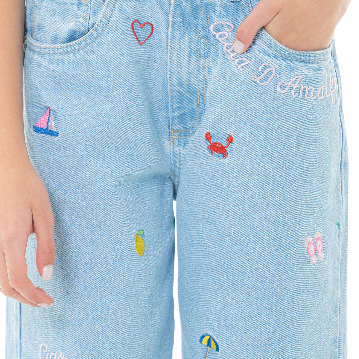 Jean para niñas bota recta con diseños bordados - Azul