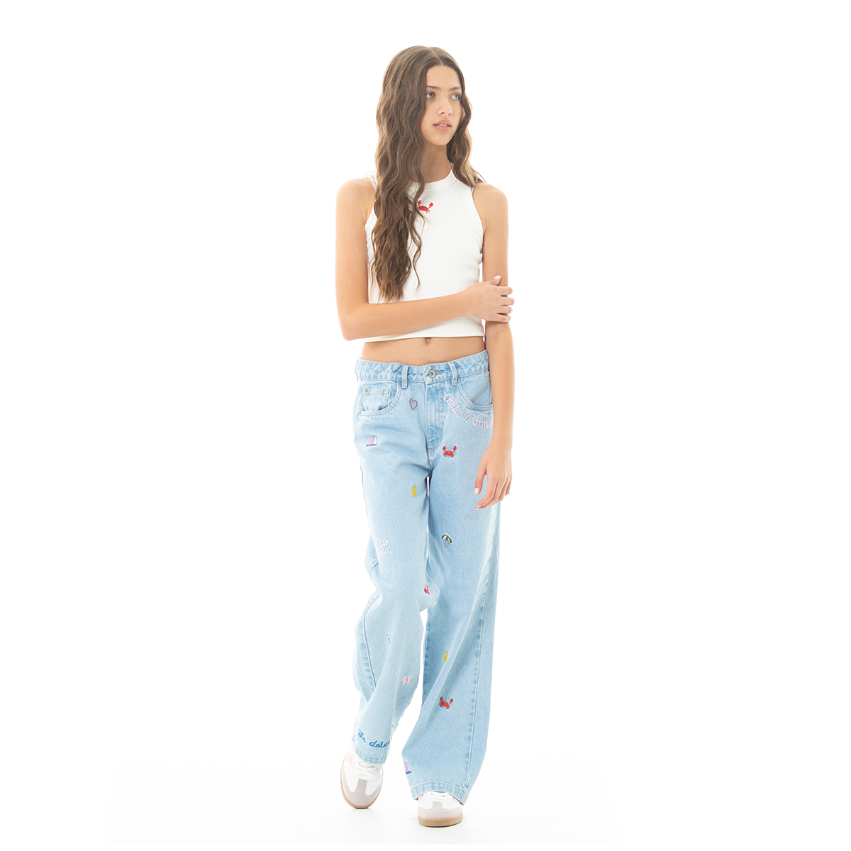 Jean para niñas bota recta con diseños bordados - Azul