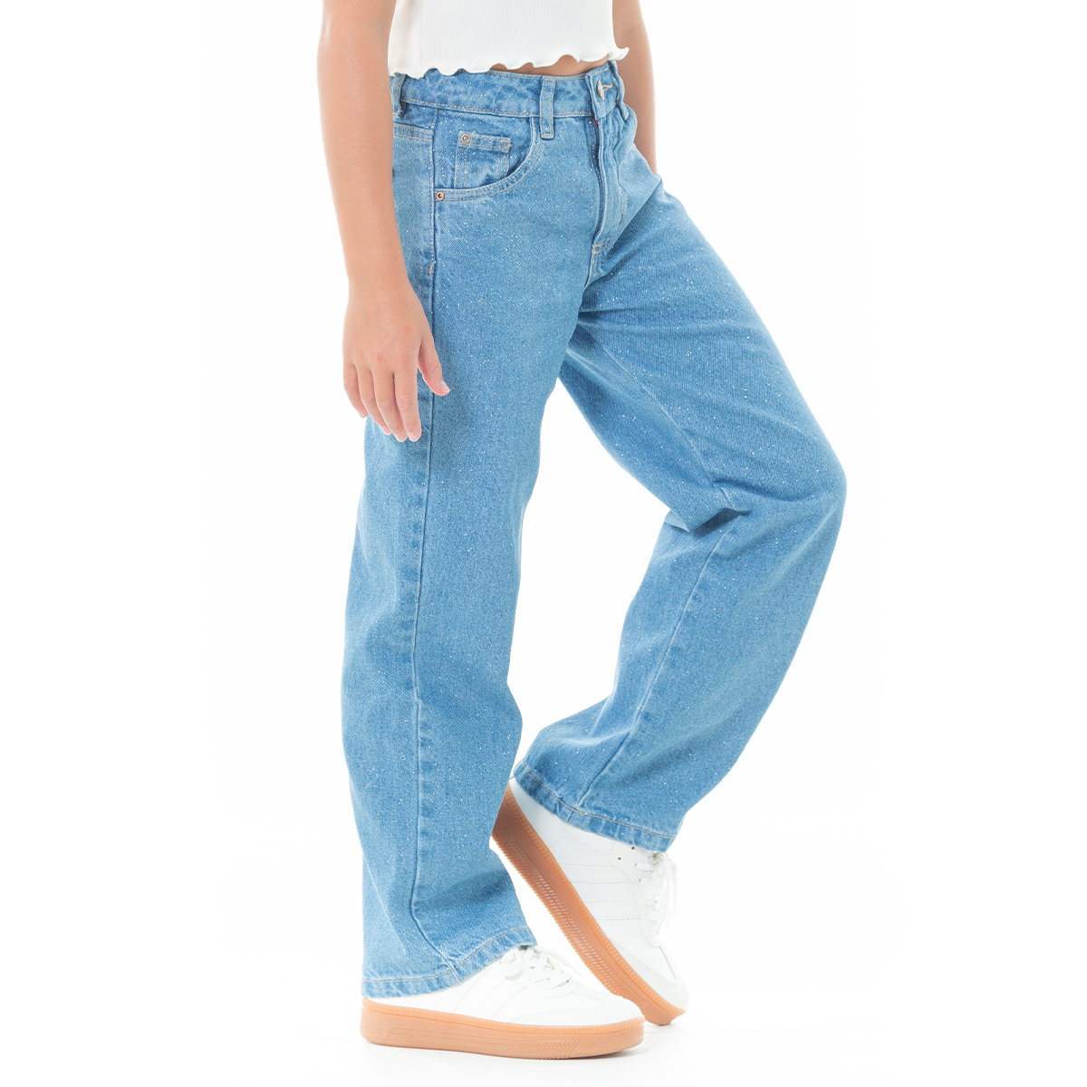 Jean para niñas bota recta con diseño en glitter - Azul
