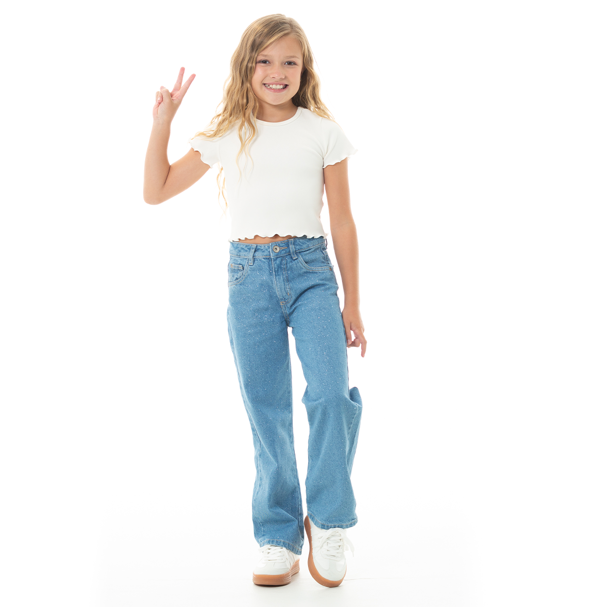 Jean para niñas bota recta con diseño en glitter - Azul