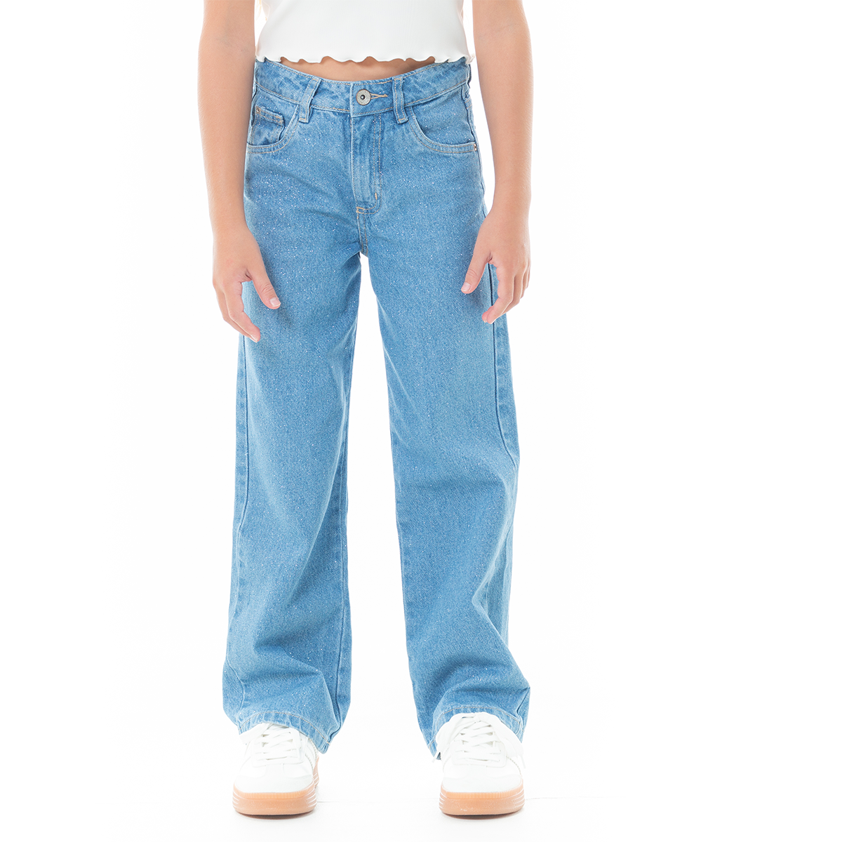 Jean para niñas bota recta con diseño en glitter - Azul