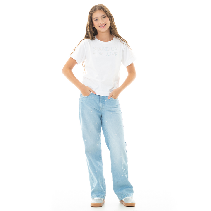 JEAN PARA NIÑAS BOTA RECTA CON DISEÑOS BORDADOS DE CORAZONES