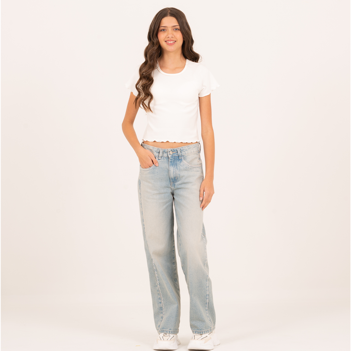 Jean para niñas bota recta con apliques de brillos