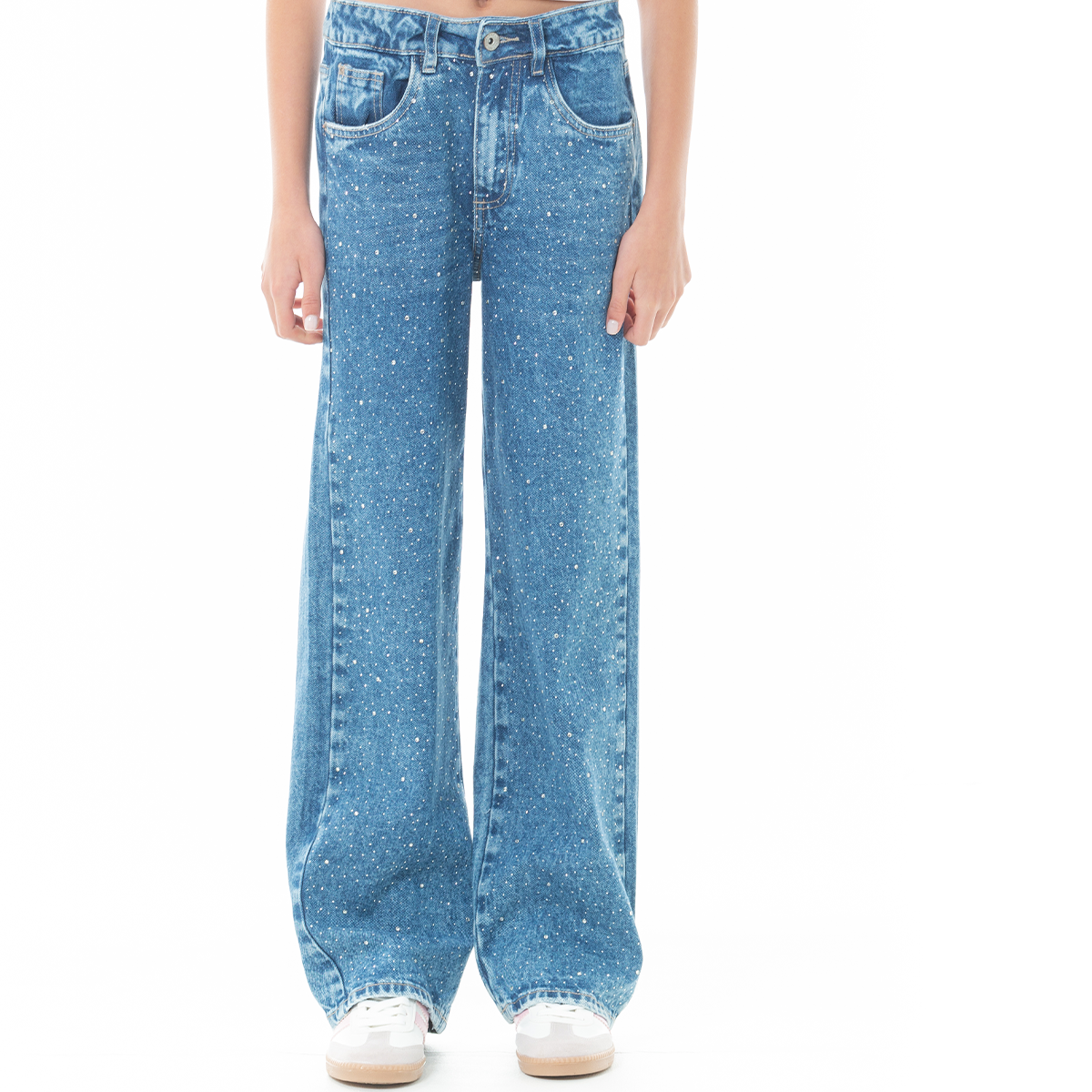 Jean para niñas wide leg con piedras y taches – azul
