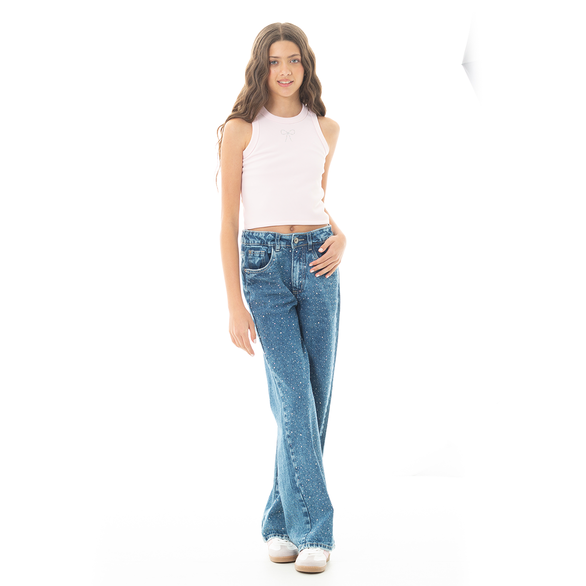 Jean para niñas wide leg con piedras y taches – azul
