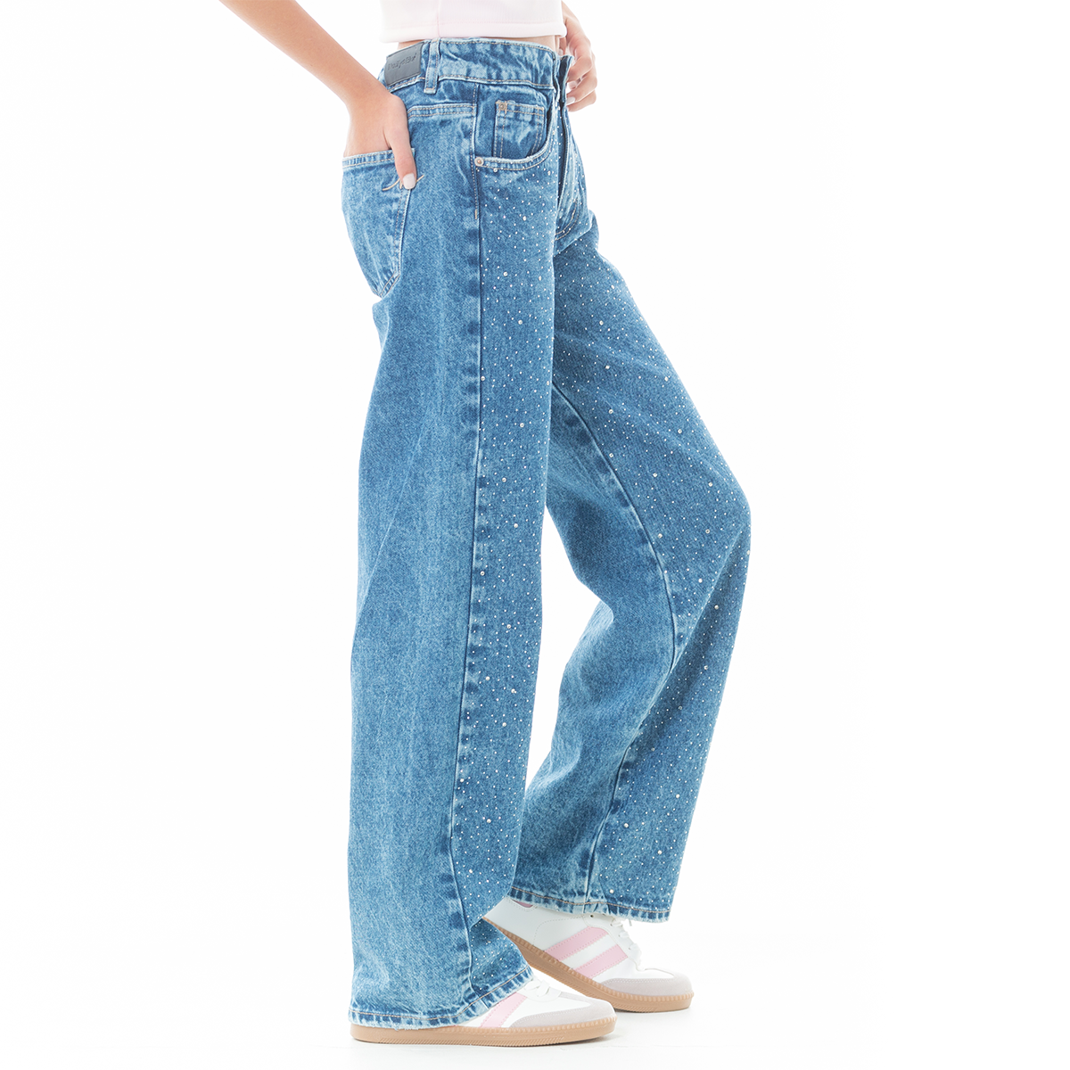 Jean para niñas wide leg con piedras y taches – azul