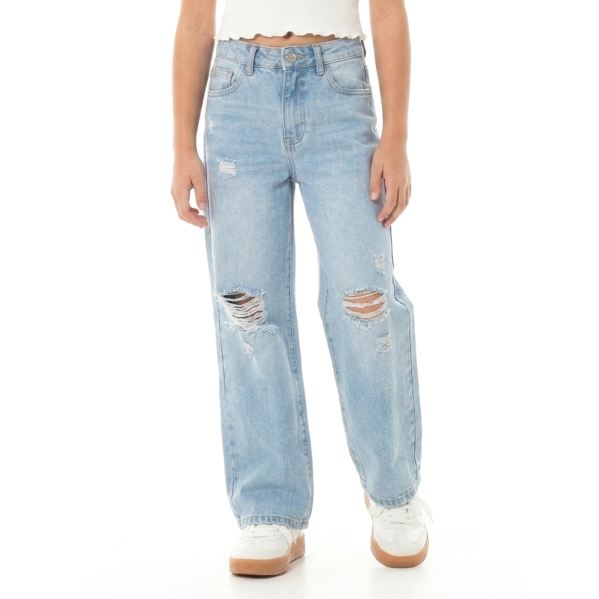 Jean para niña wide leg con rotos - Azul claro