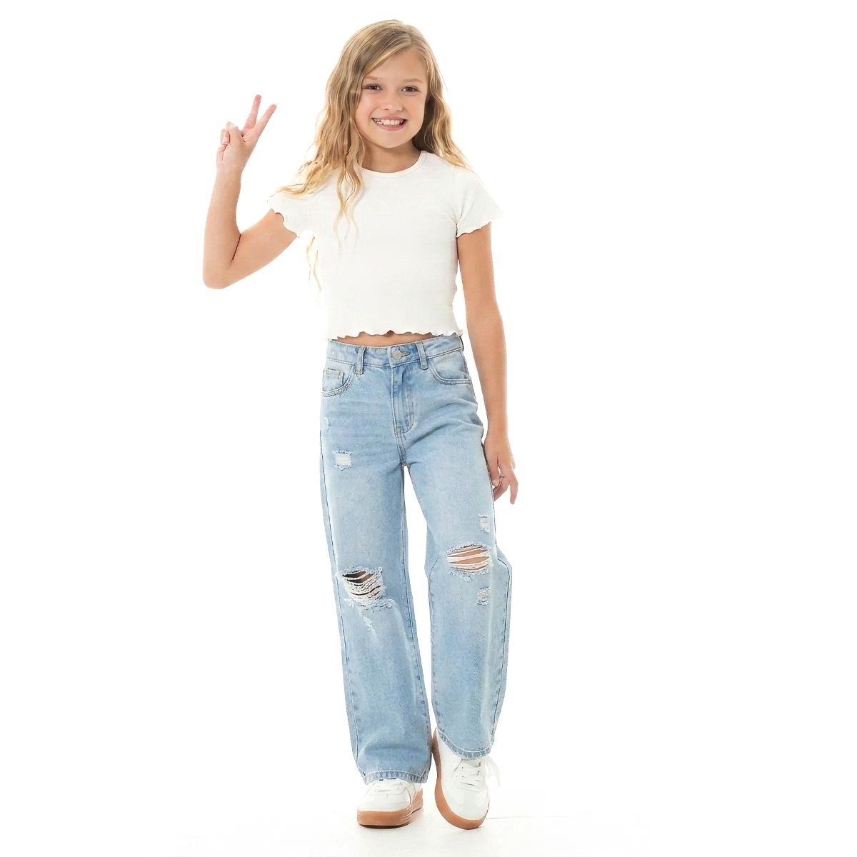 Jean para niña wide leg con rotos - Azul claro