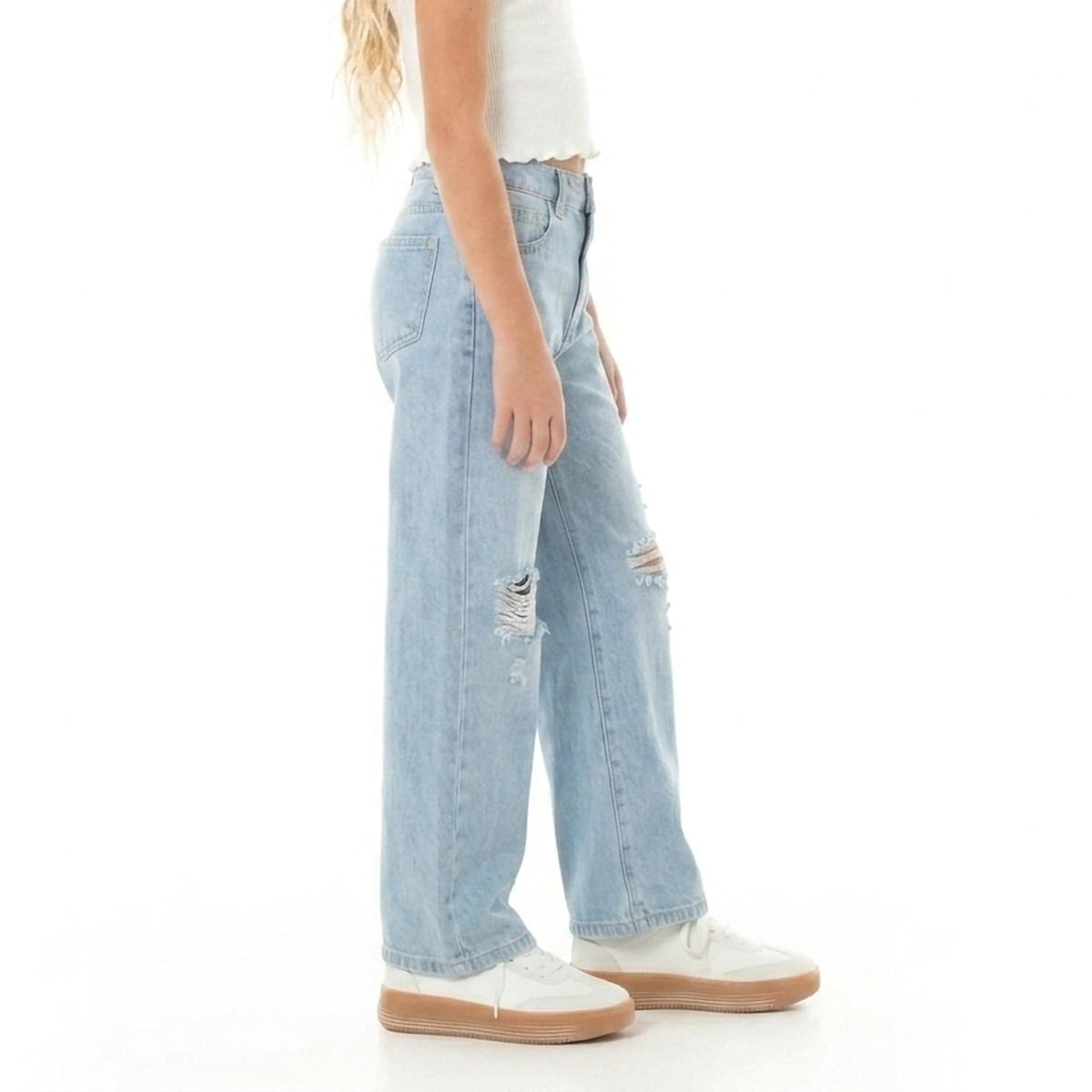 Jean para niña wide leg con rotos - Azul claro
