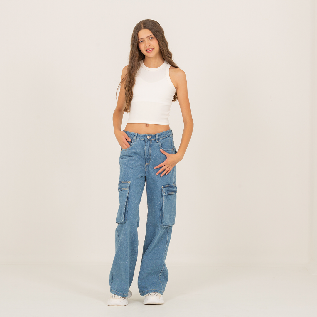 JEAN CARGO PARA NIÑAS CON DISEÑO EN GLITTER