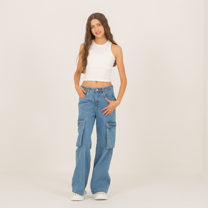 JEAN CARGO PARA NIÑAS CON DISEÑO EN GLITTER