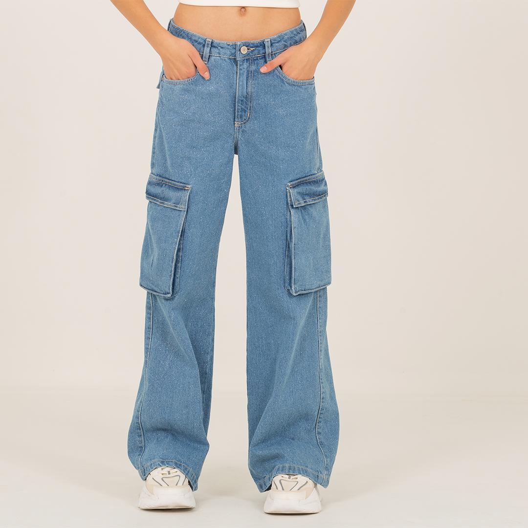 JEAN CARGO PARA NIÑAS CON DISEÑO EN GLITTER