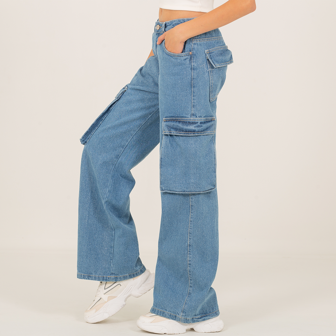 JEAN CARGO PARA NIÑAS CON DISEÑO EN GLITTER