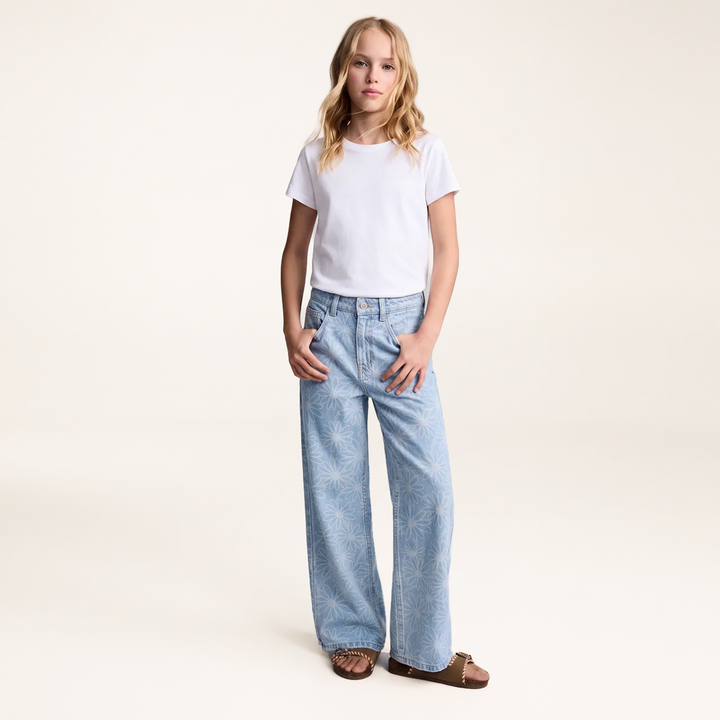 Jean para niñas wide leg con estampado floral - Azul