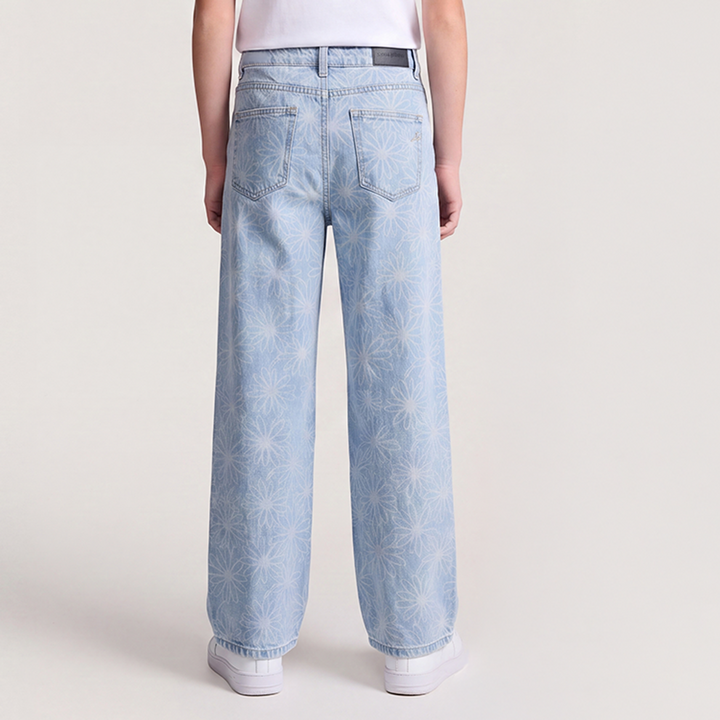 Jean para niñas wide leg con estampado floral - Azul