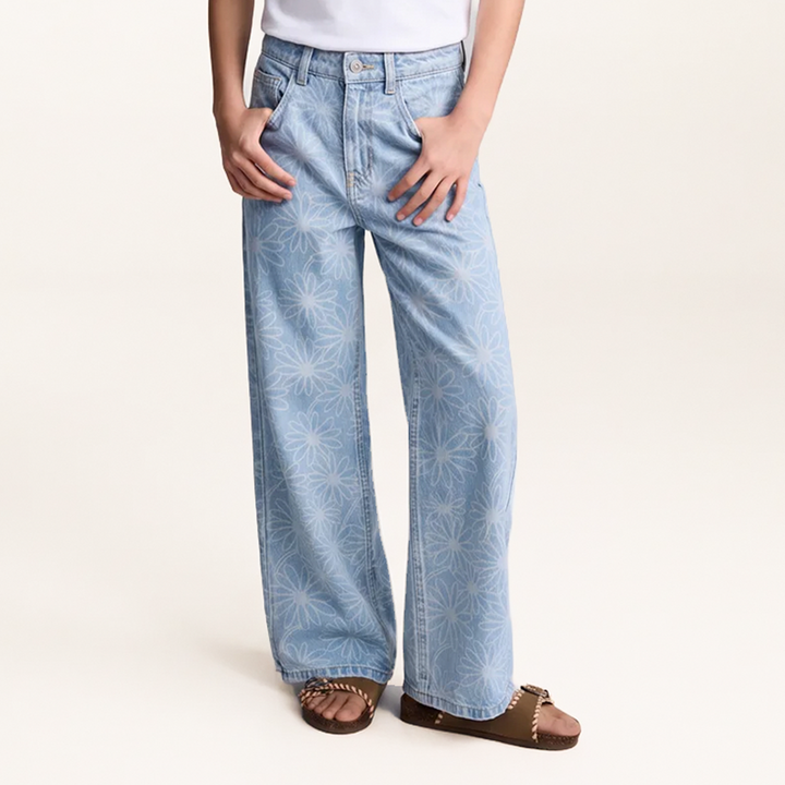 Jean para niñas wide leg con estampado floral - Azul