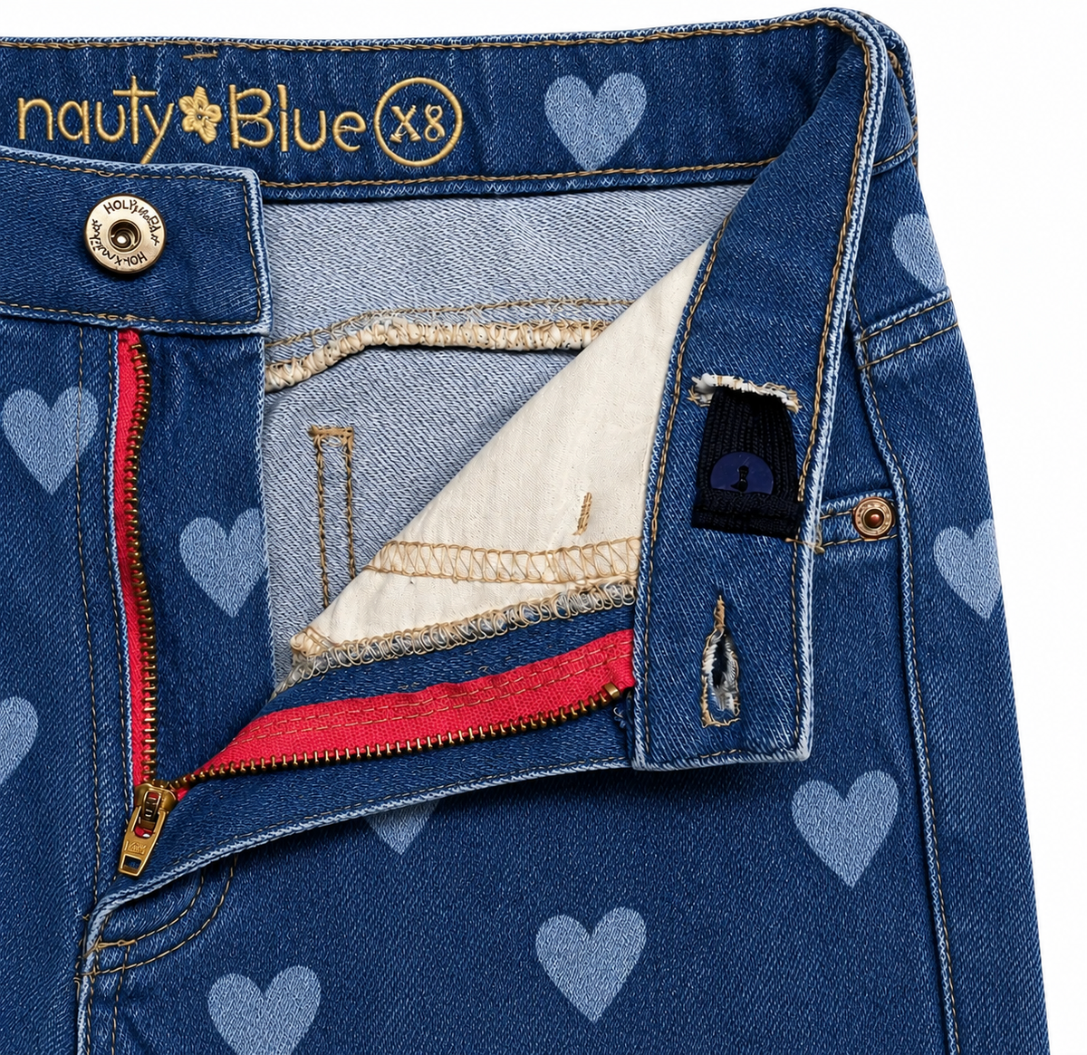 Jean para niñas bota recta con diseño de corazones - Azul