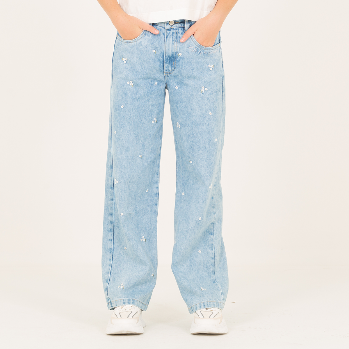 Jean para niñas bota recta con diseños bordados – Azul