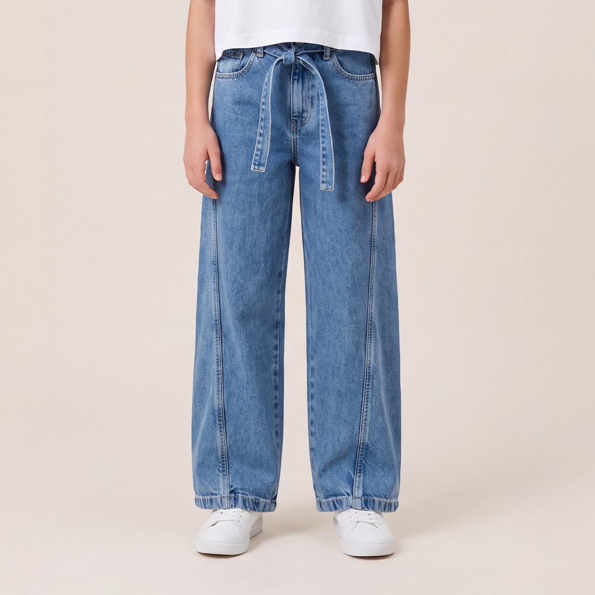 Jean para niñas bota recta con cinturón en denim - Azul